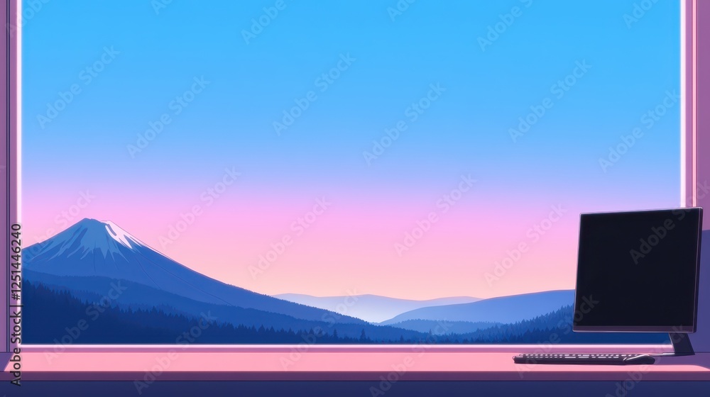Fototapeta premium A tranquil workspace features a computer adjacent to a window showcasing a stunning sunset view of a mountain landscape, creating a calming atmosphere for focus and creativity