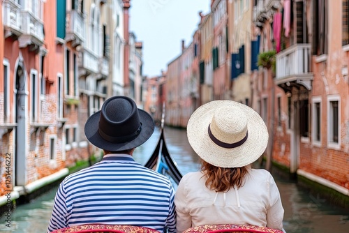 A couple enjoys a serene gondola ride through the picturesque canals of Venice, surrounded by charming architecture and vibrant colors.