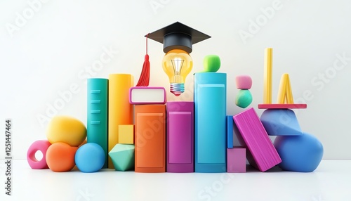 3D concept of colorful books and letters with a graduation capwearing light bulb, symbolizing the power of education and learning on a white backdrop photo