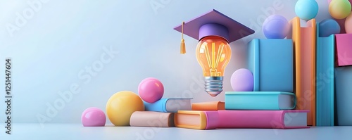 3D concept of colorful books and letters with a graduation capwearing light bulb, symbolizing the power of education and learning on a white backdrop photo