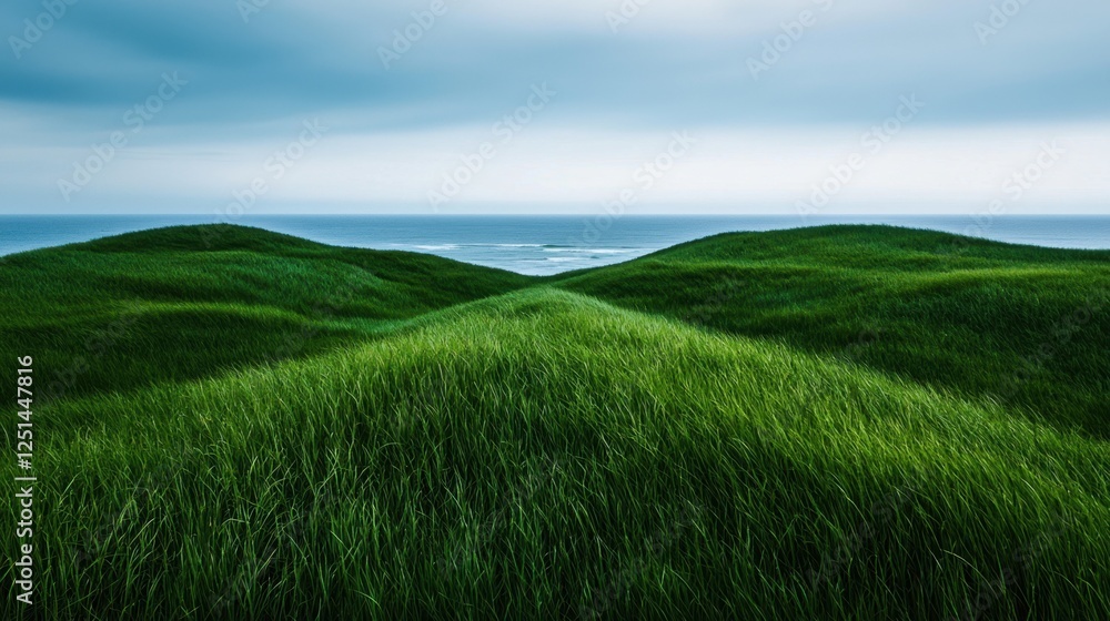 A large, grassy hillside with a body of water in the background A large, grassy hillside with a body of water in the background