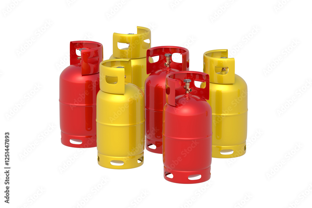 Many gas cylinders isolated on white background. Lpg tank. 3d render Many gas cylinders isolated on white background. Lpg tank. 3d render