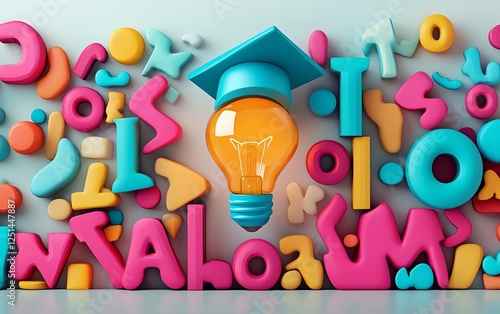 3D concept of colorful books and letters with a graduation capwearing light bulb, symbolizing the power of education and learning on a white backdrop photo