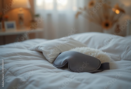 Soft blue sleep mask placed on neatly made bed with white linens and decorative pillows promoting restful sleep and relaxation photo