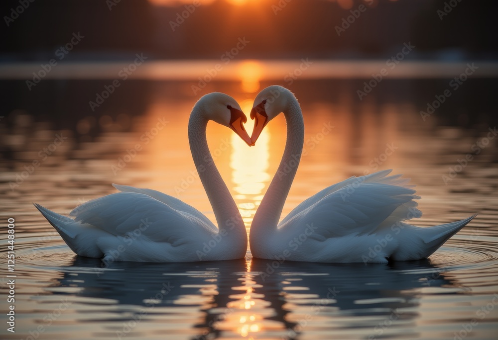 Naklejka premium Two swans forming a heart shape with their necks on tranquil lake during golden sunset evoking feelings of love and harmony