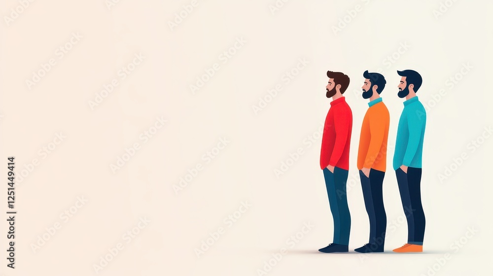 Three men stand side by side, each dressed in vibrant colored sweaters. The minimalist background enhances their individuality while emphasizing a creative, contemporary atmosphere Three men stand side by side, each dressed in vibrant colored sweaters. The minimalist background enhances their individuality while emphasizing a creative, contemporary atmosphere