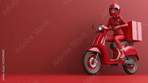 Cartoon delivery woman on red scooter, red background, gift box
