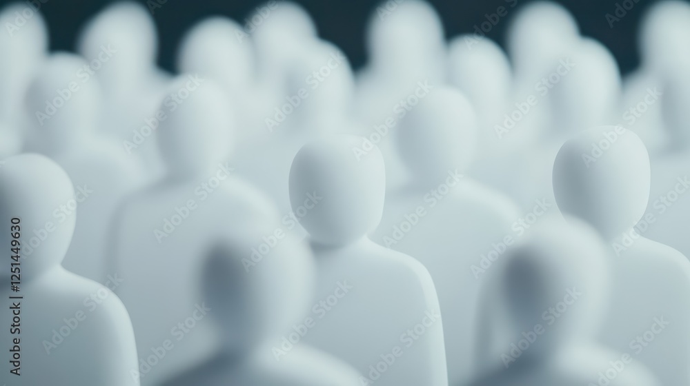 Numerous white figures stand closely together, portraying a crowd in an abstract manner. The setting evokes a sense of anonymity and unity in a quiet, subdued light Numerous white figures stand closely together, portraying a crowd in an abstract manner. The setting evokes a sense of anonymity and unity in a quiet, subdued light