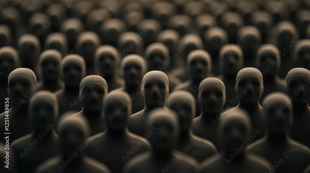 Fototapeta premium Numerous identical abstract human figures are closely packed together, creating a striking visual effect. The dark figures fade into a blurred background, emphasizing their uniformity