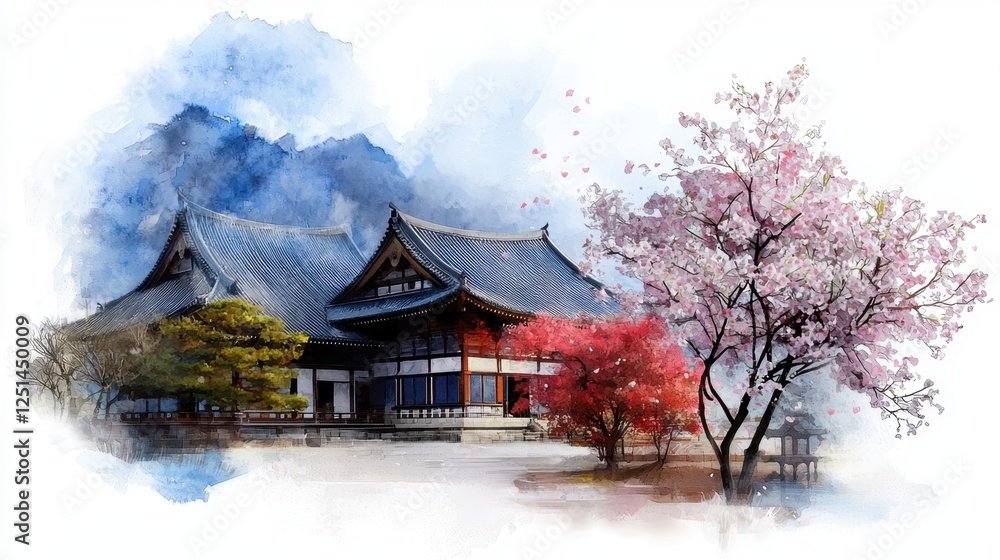 A painting of a Japanese house with cherry blossoms in the background A painting of a Japanese house with cherry blossoms in the background