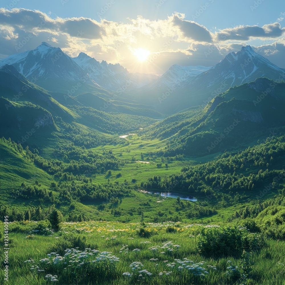 Fototapeta premium Lush Green Valley with Towering Mountains under a Bright Sun on a Summer Day with Wildflowers