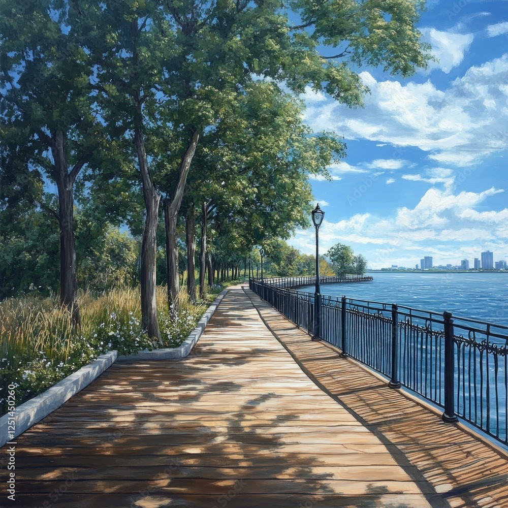 Obraz premium Serene Riverfront Walkway with Distant City Skyline Under a Sky of Fluffy Clouds Near Green Trees
