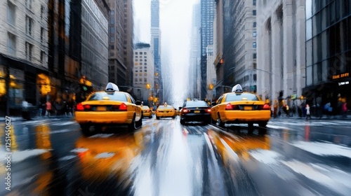 A busy city street with taxis and pedestrians