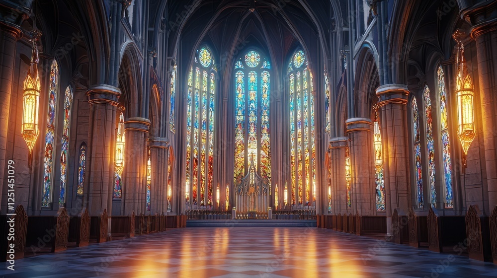 A large cathedral with stained glass windows and a large organ A large cathedral with stained glass windows and a large organ