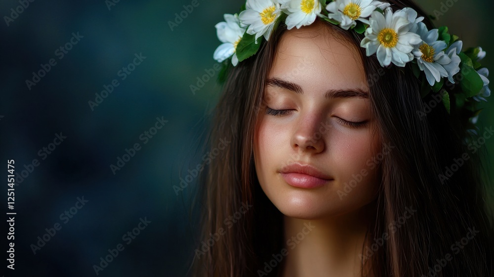 Naklejka premium A woman wearing a flower headband is looking at the camera