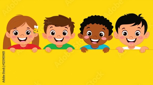 Four children peeking over yellow banner.  Possible use Educational material, children's book illustration