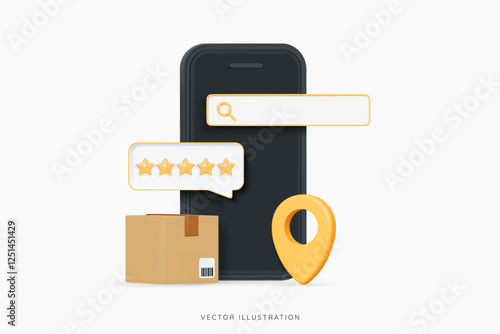 3D Mobile phone with online marketplace. Track order or parcel. Fast delivery concept. Search bar, location pin and cardboard box. Cartoon design icon isolated on white. 3D Vector illustration