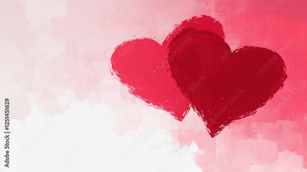 Two red hearts overlap gently in a soft pink background, evoking feelings of love and connection. The artwork captures a romantic essence perfect for celebrating affection