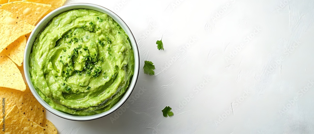 Obraz premium Delicious homemade guacamole with tortilla chips on a bright white background food photography