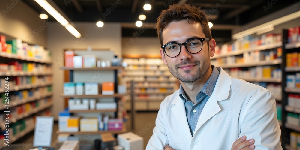 Fototapeta premium Confident Pharmacist in a Modern Pharmacy. Smiling, approachable, and ready to help patients.