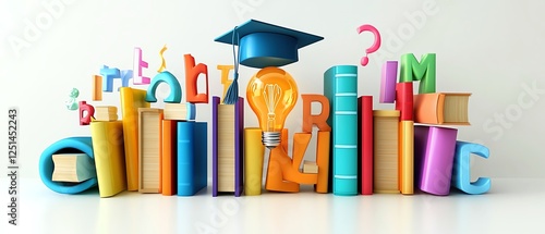 Bright 3D colorful books and letters with a graduation capwearing light bulb, symbolizing learning and knowledge, white background photo