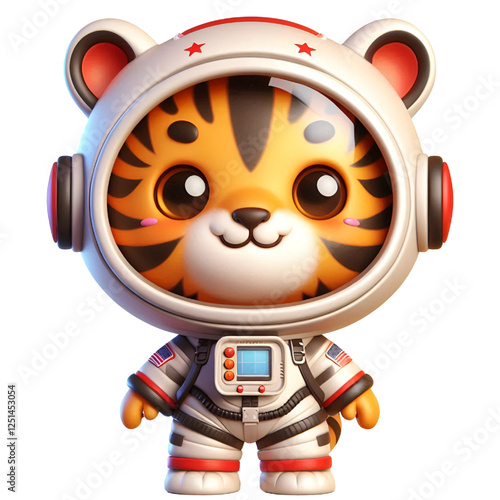 Cute and happy 3d tiger astronaut isolated on white background, digital art