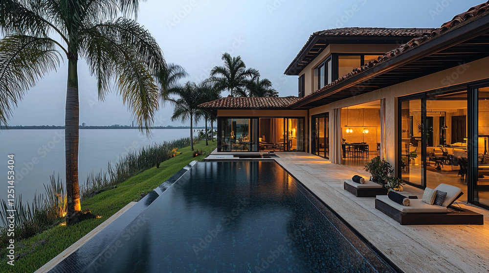 Fototapeta premium Lakeside luxury home with infinity pool at dusk