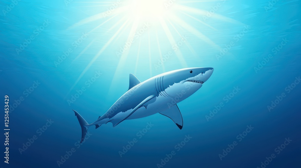 Obraz premium A majestic shark swims gracefully in clear blue waters, rays of sunlight penetrate the surface, creating a serene underwater atmosphere. The scene captures the beauty of marine life