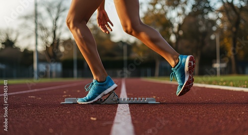 Athlete poised at starting blocks, ready to sprint.  Muscles tensed, focus intense.  Victory awaits! photo