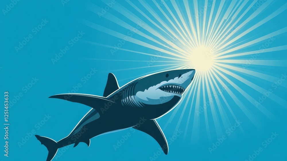 Fototapeta premium A large shark is leaping out of the calm ocean under a radiant sun. The shark displays its sharp teeth while glistening in the sunlight, creating a captivating view