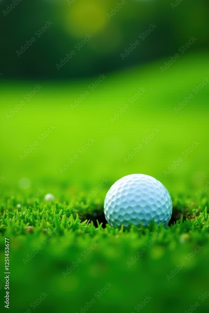 Obraz premium Golf ball partially buried in thick, vibrant green grass, leaf, texture, detail
