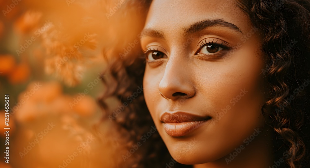 Golden hour beauty portrait, woman with curly hair, serene expression, autumnal background. Golden hour beauty portrait, woman with curly hair, serene expression, autumnal background.