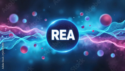 Vibrant abstract energy waves with REA logo, digital innovation