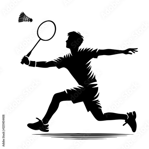 Badminton player smashing a shuttlecock, energetic and competitive, in a dynamic silhouette design