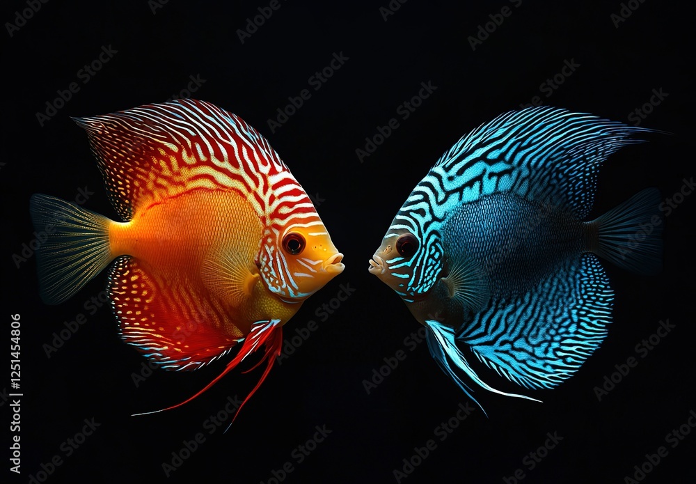 Fototapeta premium Two colorful discus fish in an aquarium, one is swimming and the other facing it head-on with its tail up.