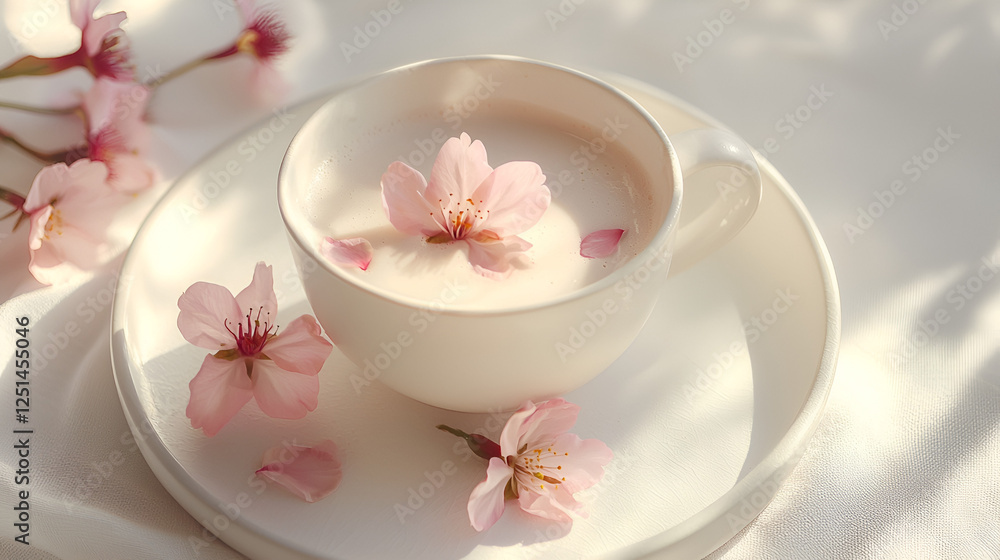 White cup filled with a creamy drink and decorated with delicate pink blossoms, evokes tranquility and a sense of springtime renewal. White cup filled with a creamy drink and decorated with delicate pink blossoms, evokes tranquility and a sense of springtime renewal.