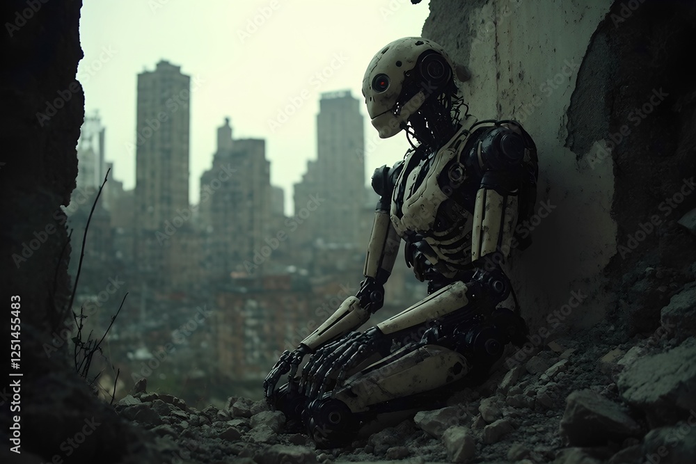 Fototapeta premium A humanoid robot rests in a pile of rubble, gazing towards a distant skyline of tall buildings under overcast skies, conveying a sense of solitude and desolation.