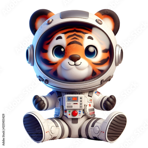 Cute and happy 3d tiger astronaut isolated on white background, digital art