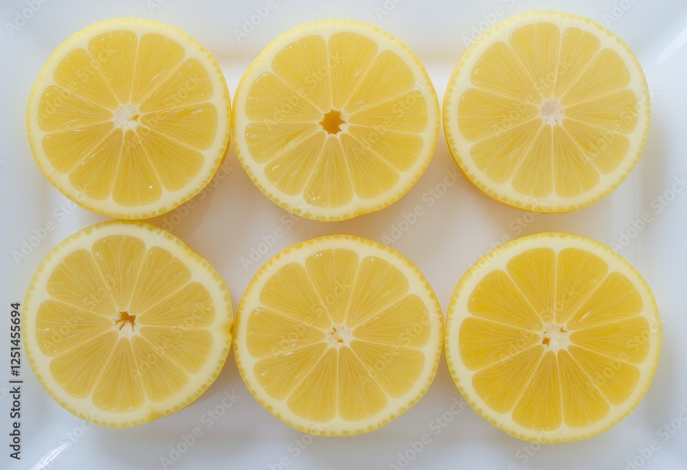 Obraz premium Sliced lemons arranged neatly in rows on a white background showcasing their juicy interiors