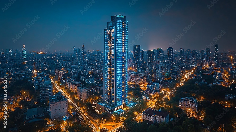 Fototapeta premium Nighttime cityscape featuring a tall illuminated skyscraper with many other buildings and lights