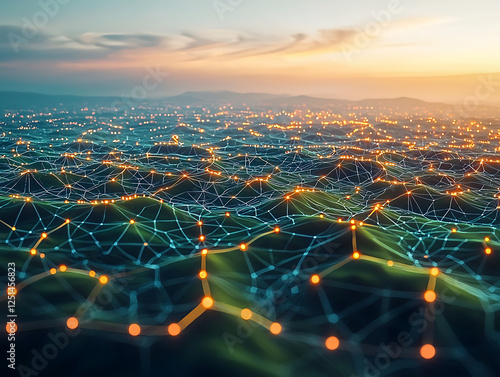 Network connection technology in smart city aerial view at twilight with glowing line connection technology concept