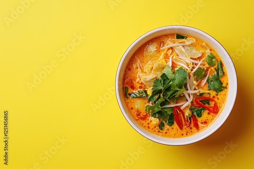 Bowl of flavorful laksa soup on a vibrant yellow background