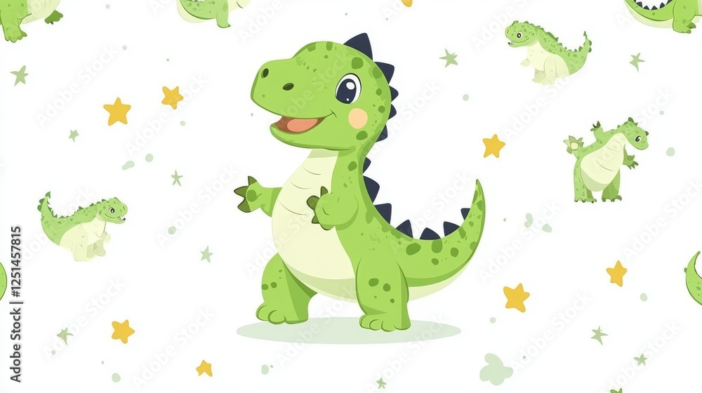 Obraz premium Сhildish pattern with cute dinosaur, baby shower greeting card. Animal seamless background, cute vector texture for kids bedding, fabric, wallpaper, wrapping paper, textile, t-shirt print