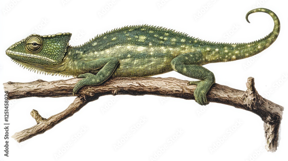 Fototapeta premium Detailed illustration of a chameleon resting on a branch with vibrant colors and textures