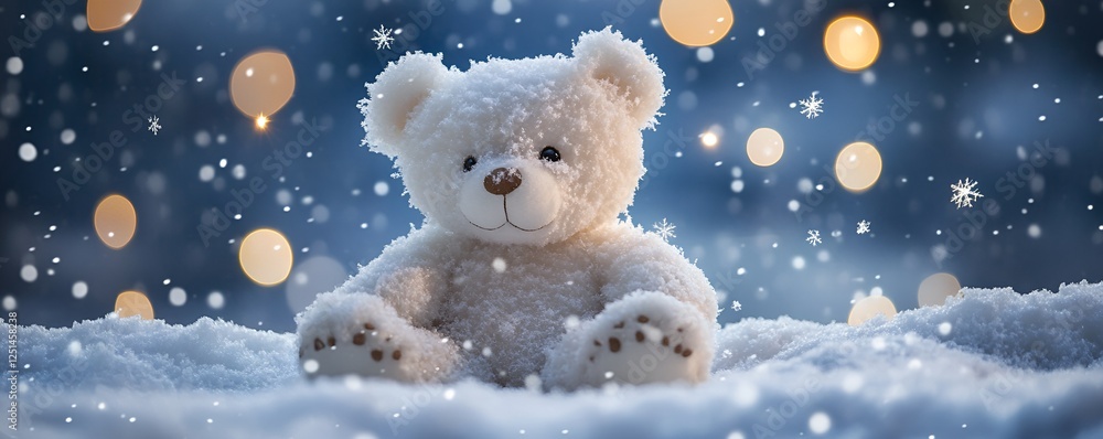 White teddy bear surrounded by sparkling snowflakes on a serene winter evening White teddy bear surrounded by sparkling snowflakes on a serene winter evening