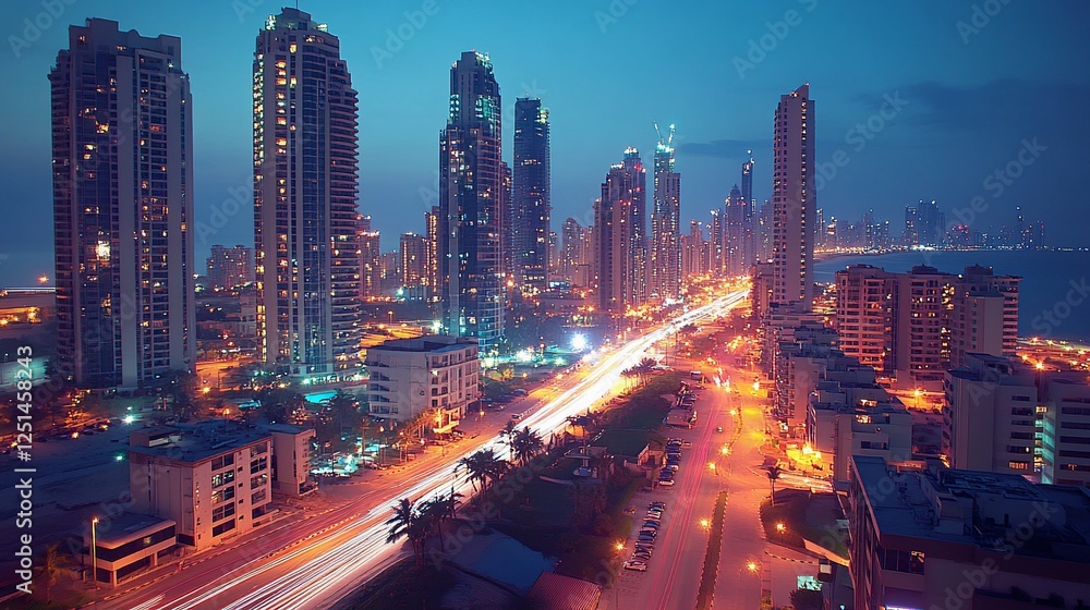 Obraz premium Nighttime cityscape view featuring numerous illuminated buildings and roads with car trails