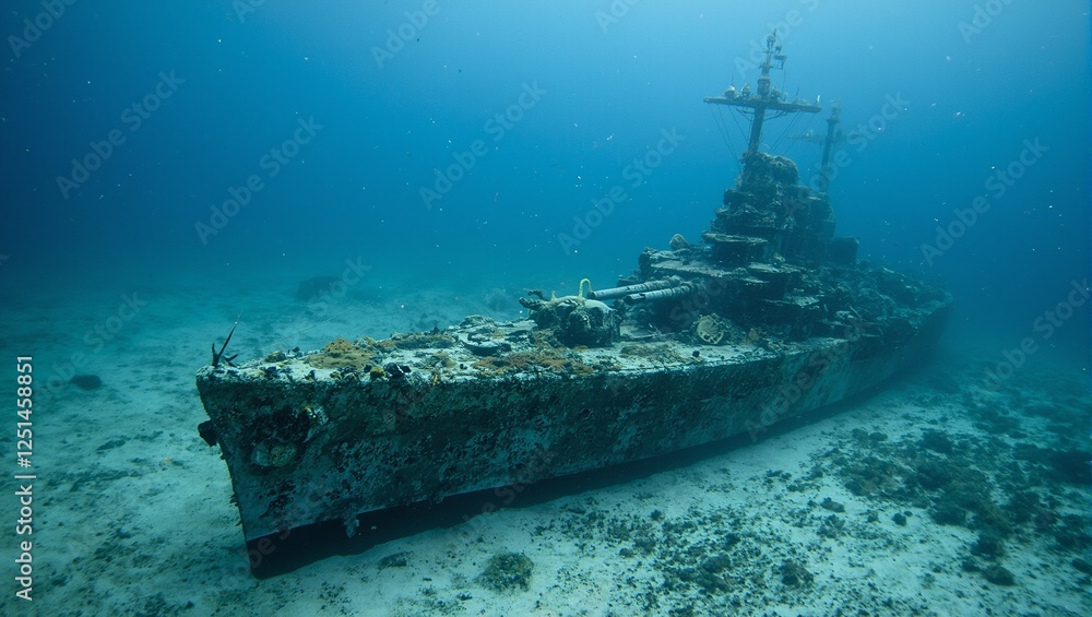 Fototapeta premium Discover a haunting scene of a sunken warship below the sea covered in vibrant coral reefs and surrounded by a plethora of underwater creatures