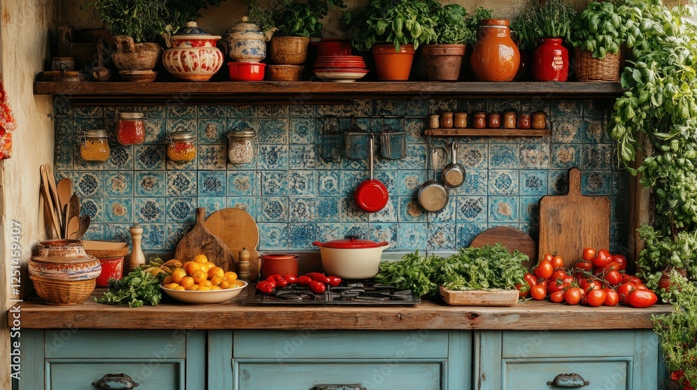 Rustic kitchen countertop display with colorful pottery, herbs, and tomatoes Rustic kitchen countertop display with colorful pottery, herbs, and tomatoes