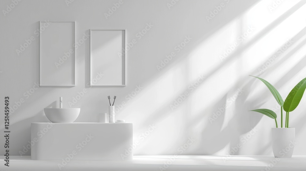 Fototapeta premium Elegant white bathroom with dual sinks and a vibrant green plant modern