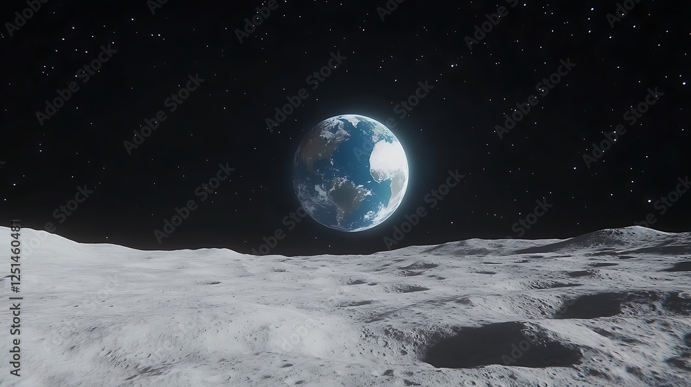 Fototapeta premium Gazing at the Earth from the Surface of the Moon Under a Starry Sky